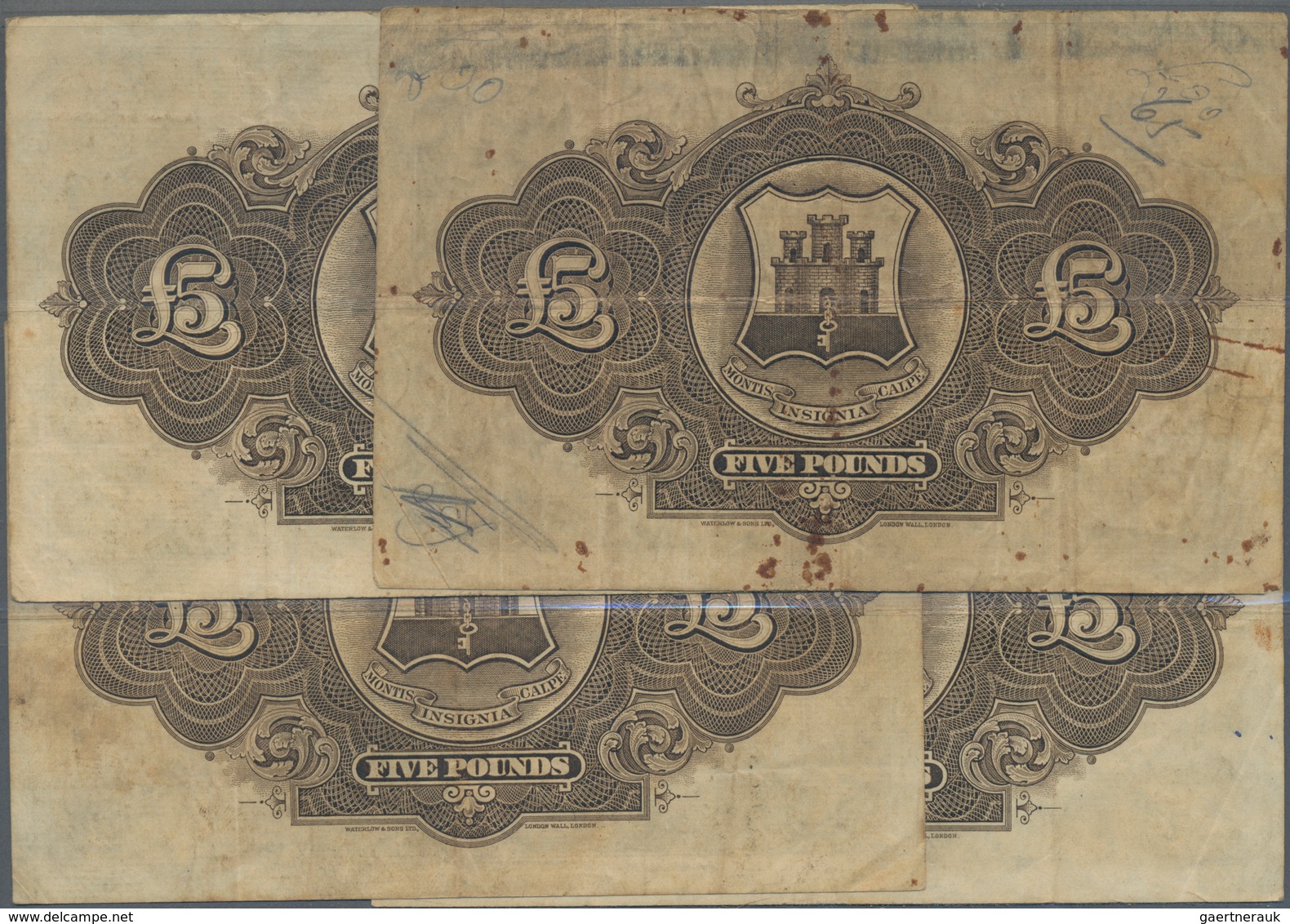 Gibraltar: Highly Rare Set Of 4 Banknotes 5 Pounds 1927, P.13, First Issue Of This Note Printed By W - Gibraltar