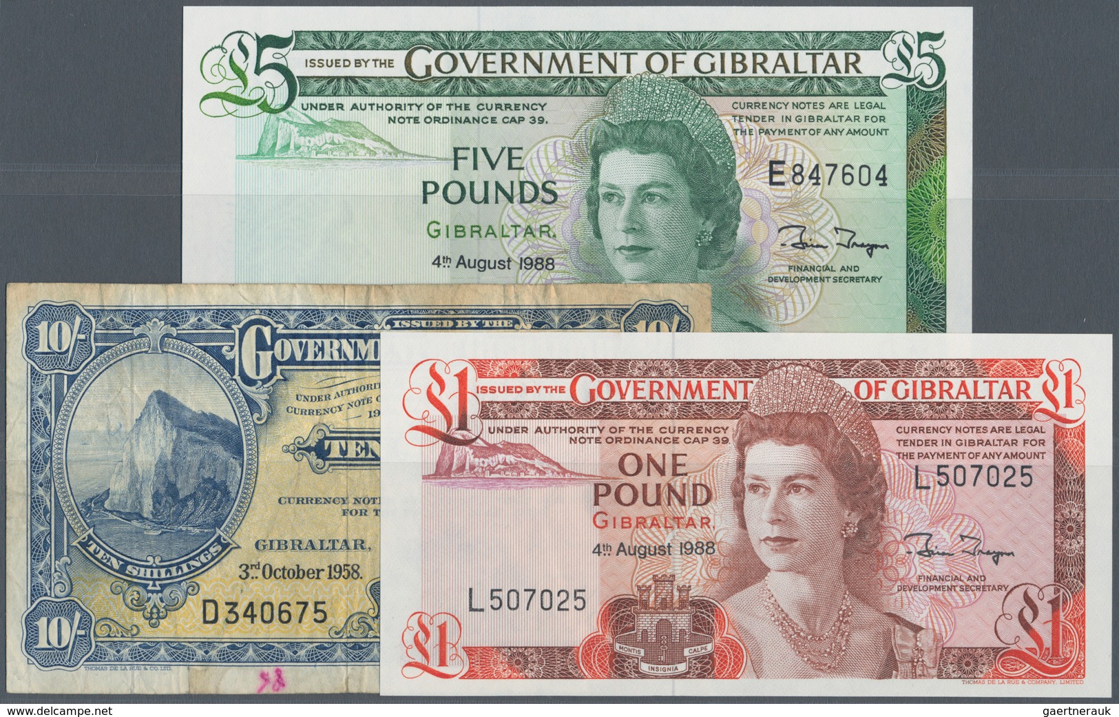 Gibraltar: Set Of 3 Banknotes Containing 10 Shillings 1958 P. 14c, Used With Folds And Stain In Pape - Gibraltar