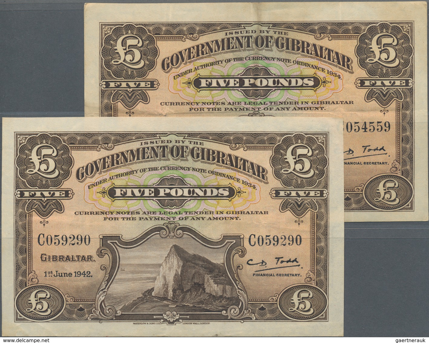 Gibraltar: Very Nice And Rare Pair Of The 5 Pounds June 1st 1942 Issue, P.16a, Printed By Waterlow & - Gibraltar