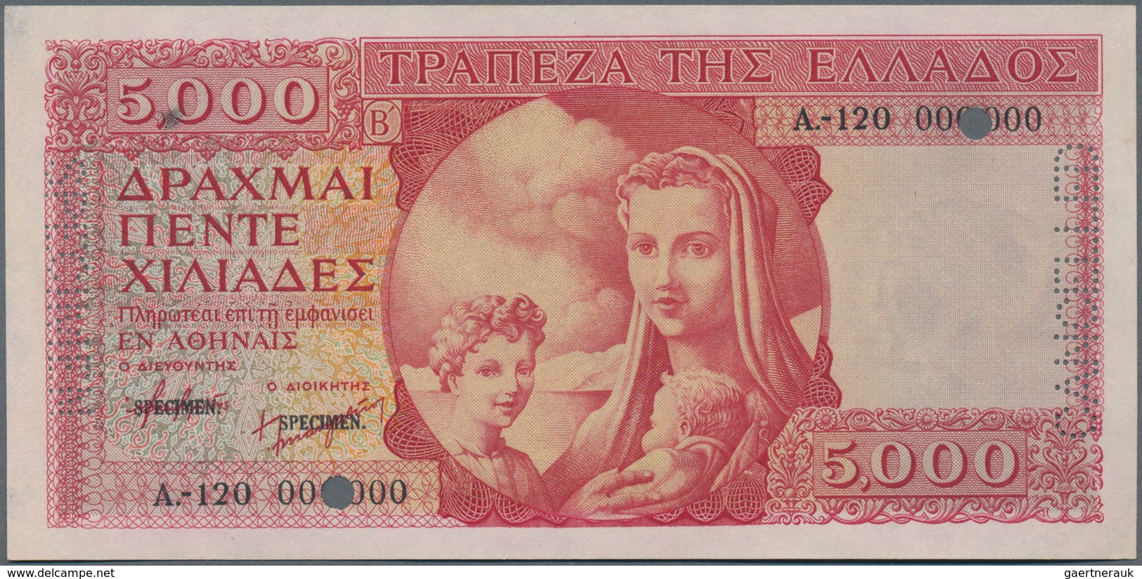 Greece / Griechenland: 5000 Drachmai ND(1945) SPECIMEN, P.173s With Serial Number A-120 000000, Blac - Griechenland