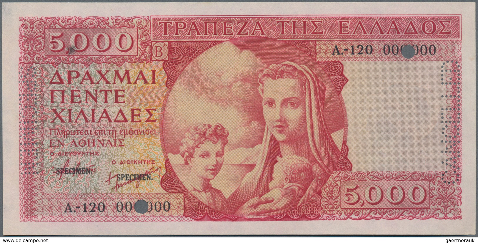 Greece / Griechenland: 5000 Drachmai ND(1945) SPECIMEN, P.173s With Serial Number A-120 000000, Blac - Griekenland