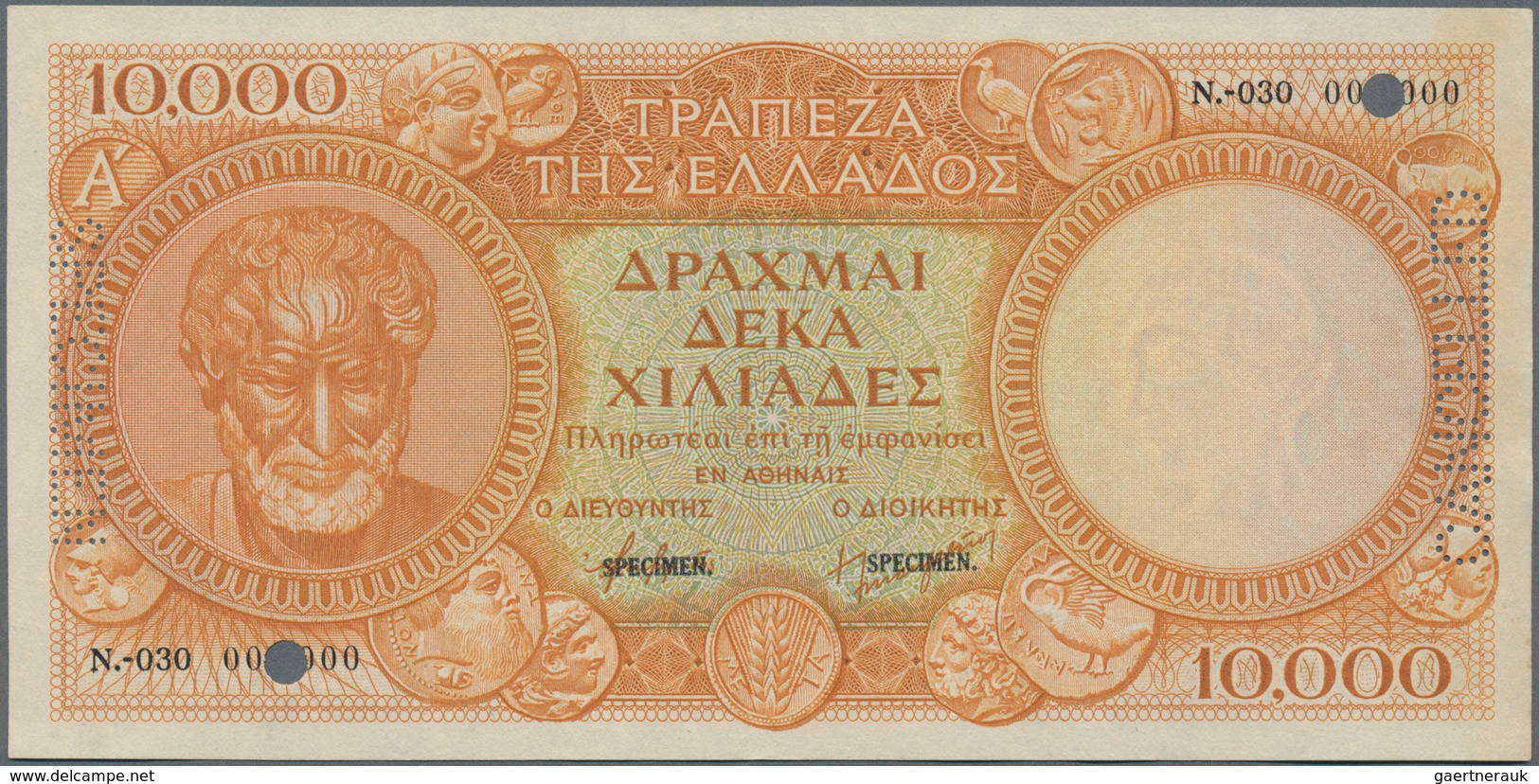 Greece / Griechenland: 10.000 Drachmai ND(1945) SPECIMEN, P.174s With Serial Number N-030 000000, Bl - Griekenland