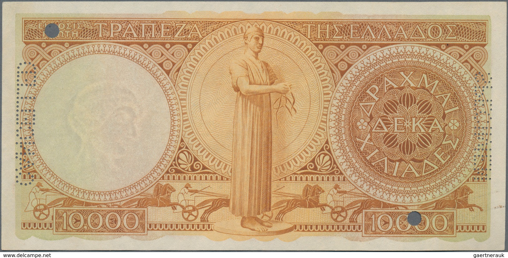 Greece / Griechenland: 10.000 Drachmai ND(1945) SPECIMEN, P.174s With Serial Number N-030 000000, Bl - Griechenland