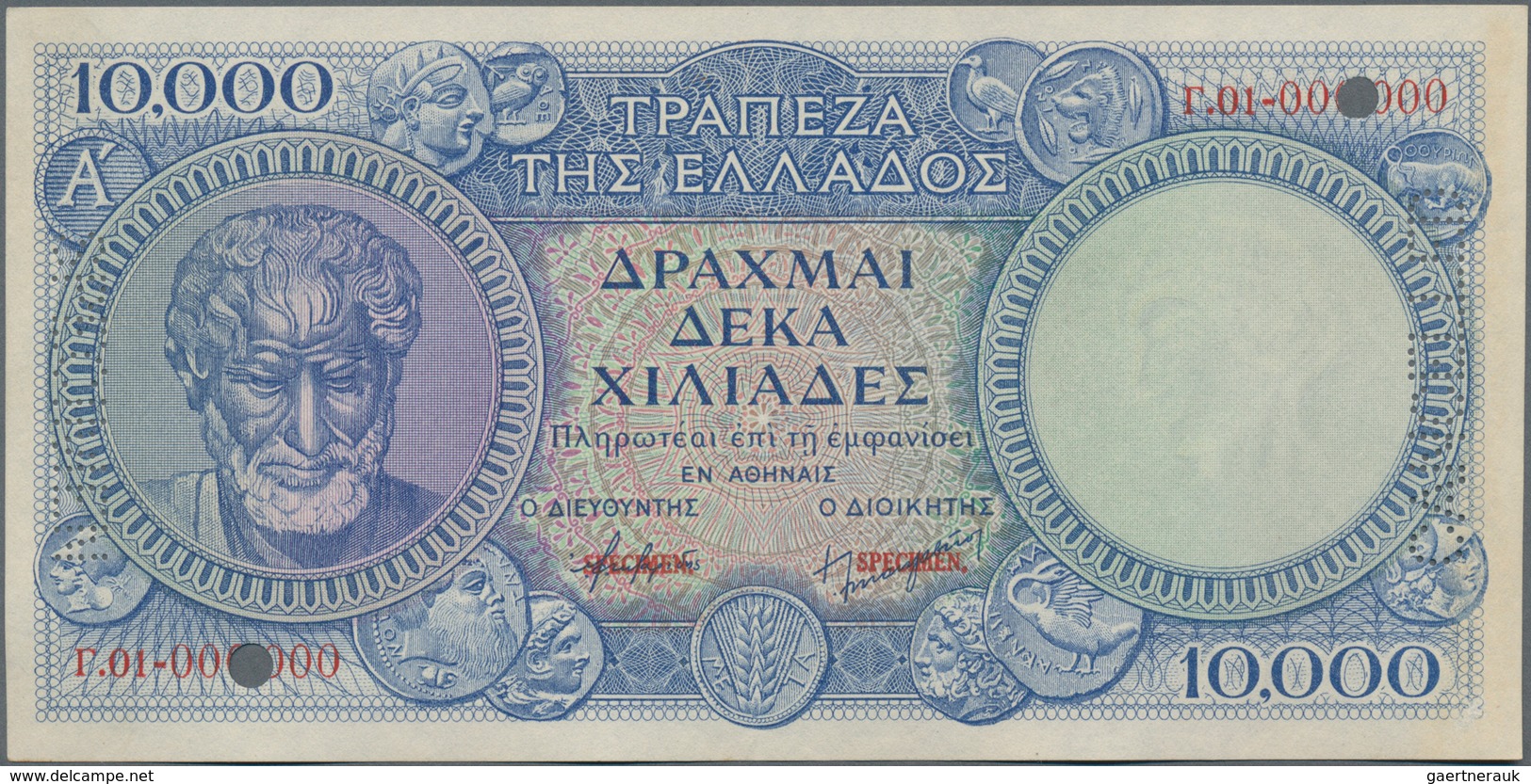 Greece / Griechenland: 10.000 Drachmai ND(1946) SPECIMEN, P.175s With Serial Number Γ.01 000000, Red - Grecia