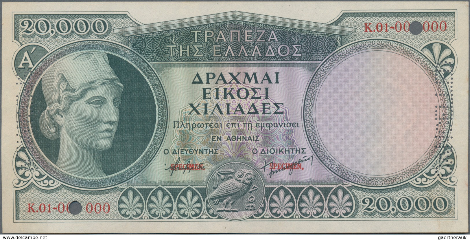 Greece / Griechenland: 20.000 Drachmai ND(1946) SPECIMEN, P.176s With Serial Number K.01 000000, Red - Griekenland