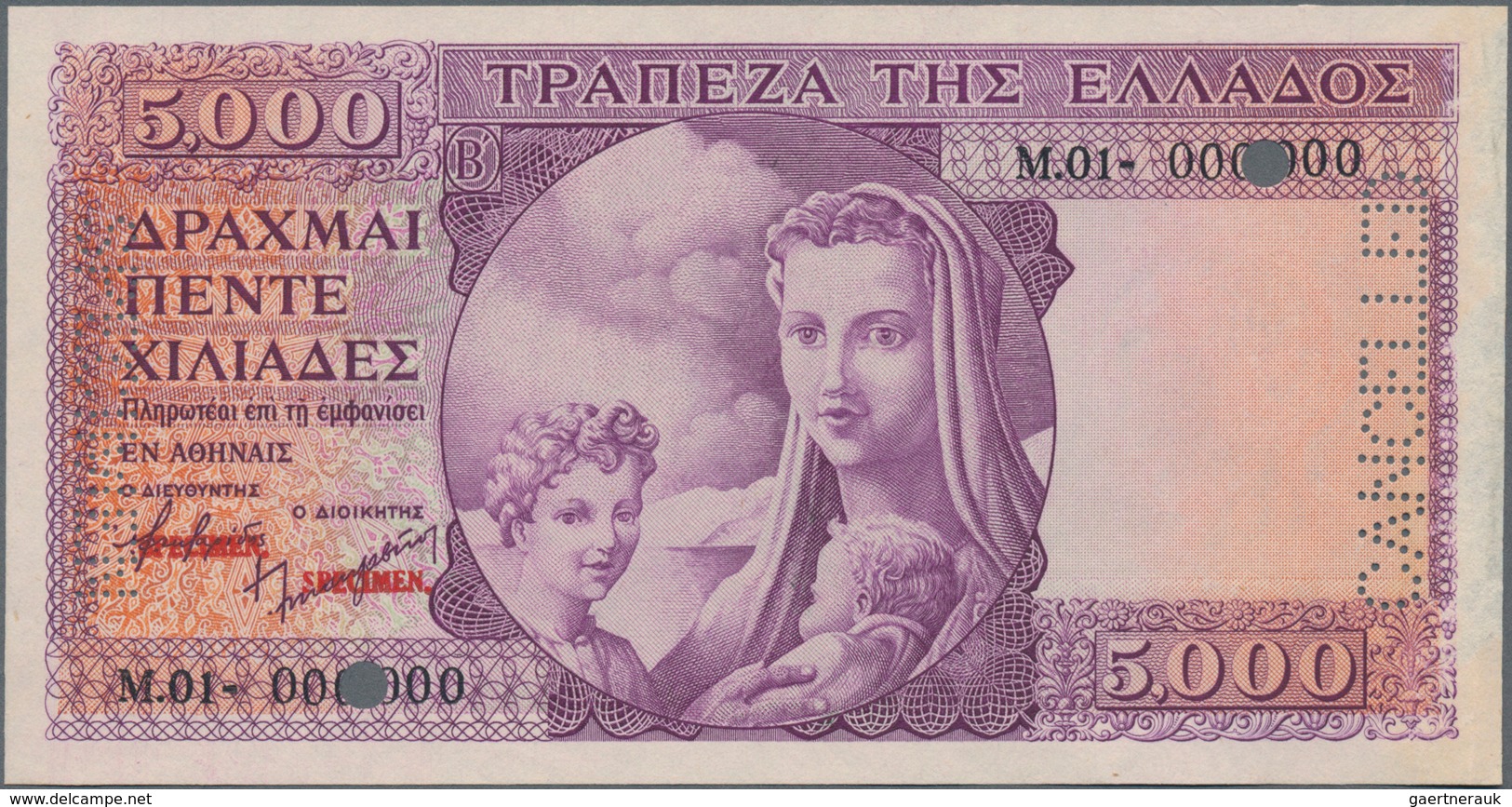 Greece / Griechenland: 5000 Drachmai ND(1947) SPECIMEN, P.177s With Serial Number M.01 000000, Red O - Grecia