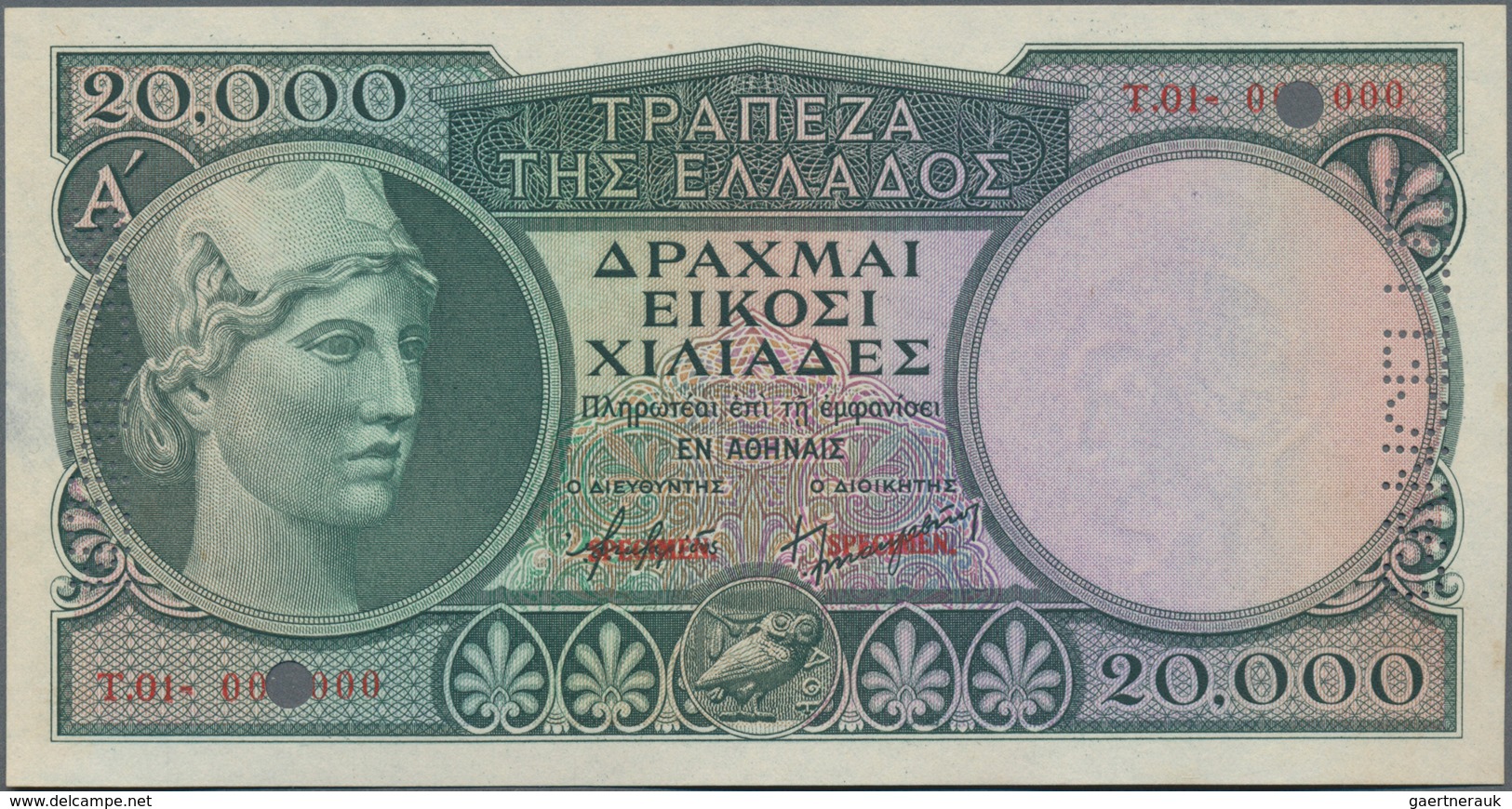 Greece / Griechenland: 20.000 Drachmai ND(1947) SPECIMEN, P.179as With Serial Number T.01 000000, Re - Grecia