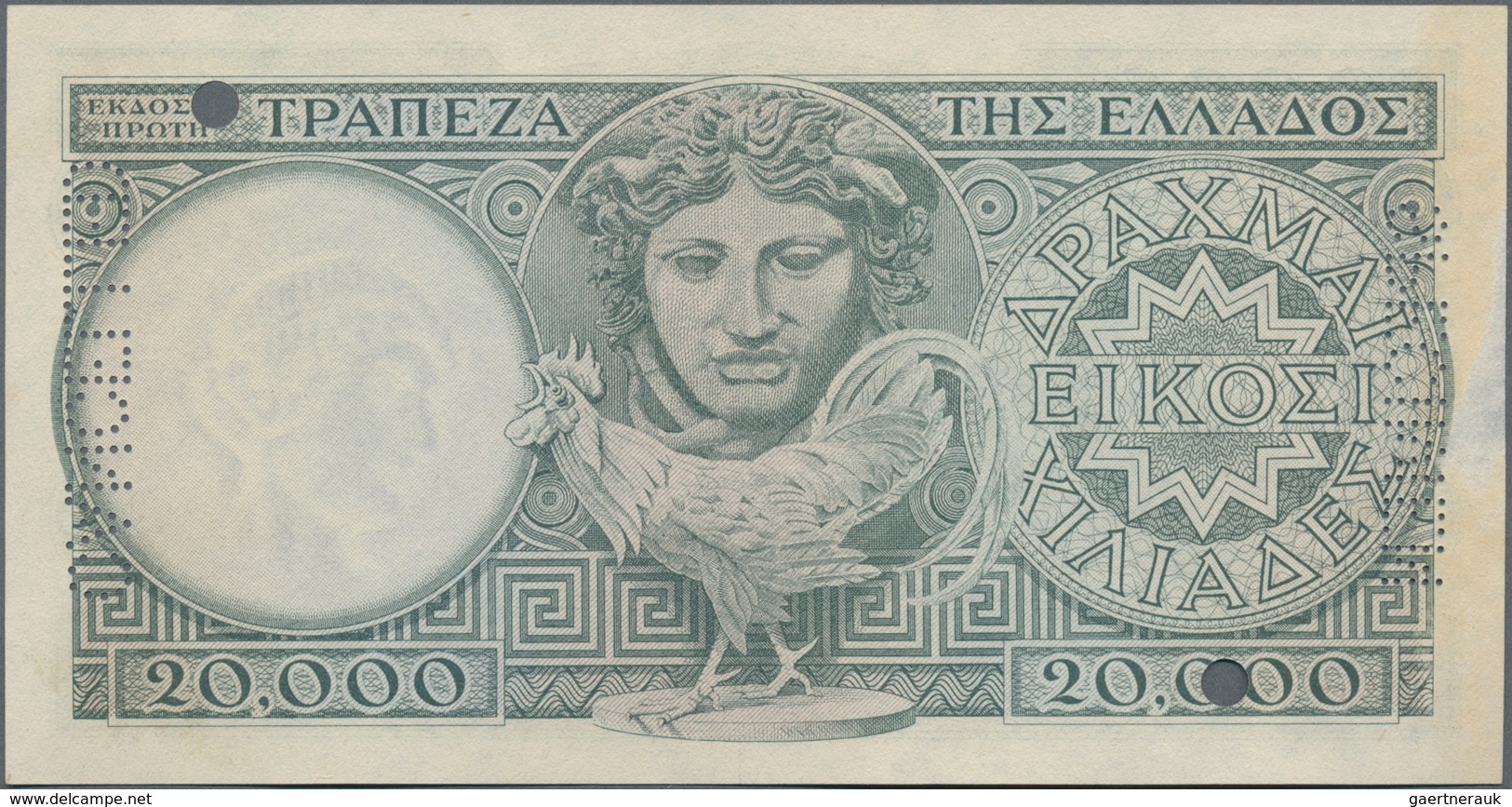 Greece / Griechenland: 20.000 Drachmai ND(1947) SPECIMEN, P.179as With Serial Number T.01 000000, Re - Grecia