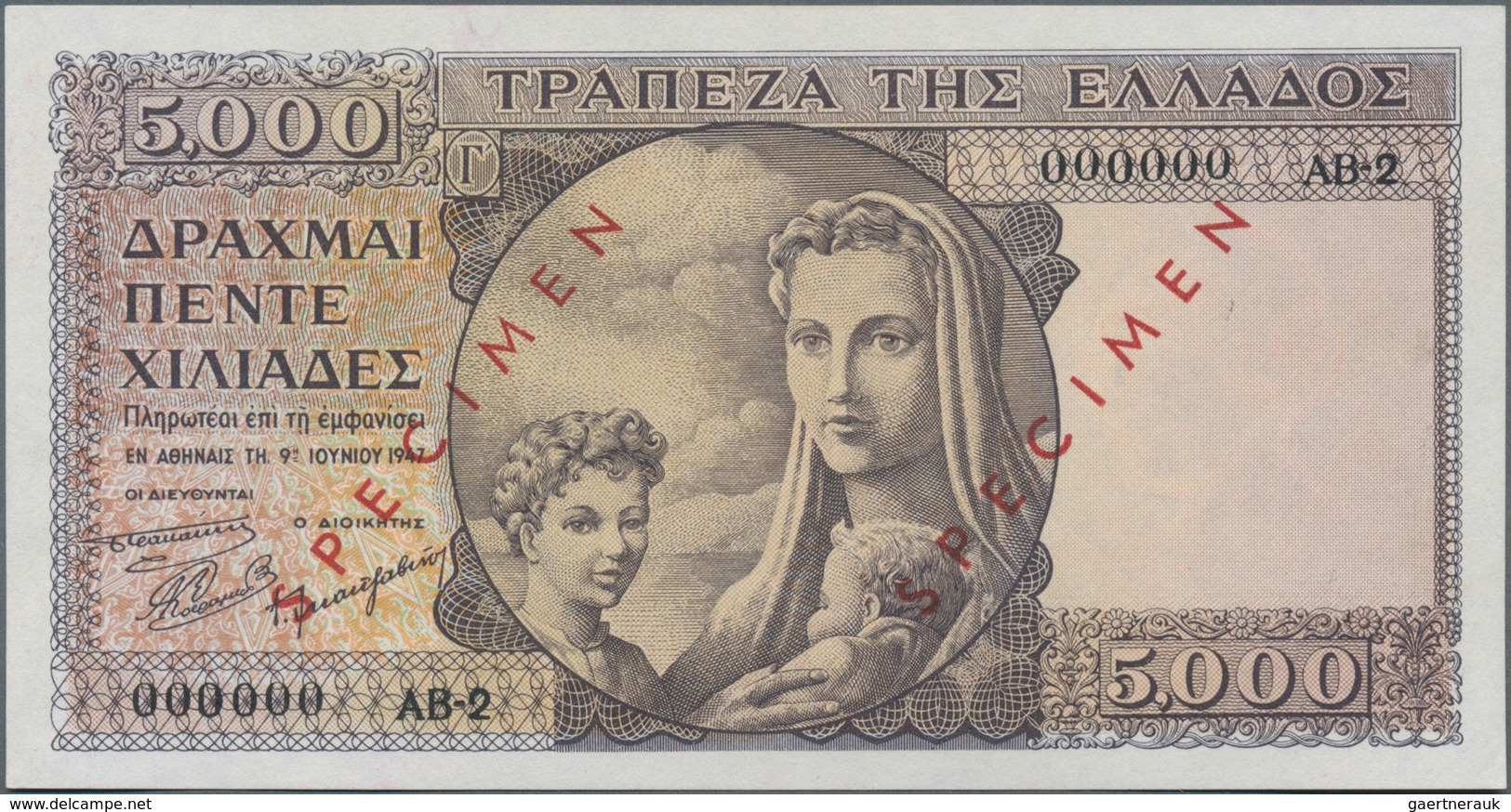 Greece / Griechenland: 5000 Drachmai 1947 SPECIMEN, P.181s With Serial Number 000000 AB-2, Red Overp - Grecia