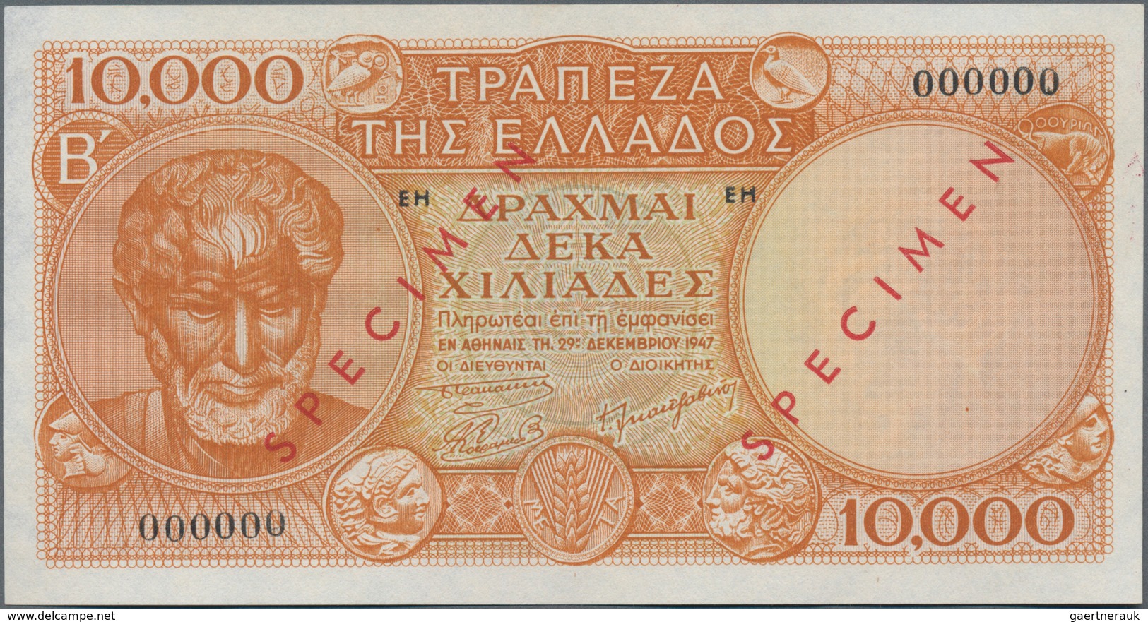 Greece / Griechenland: 10.000 Drachmai 1947 SPECIMEN, P.182as, Serial Number 000000 And Red Overprin - Griekenland