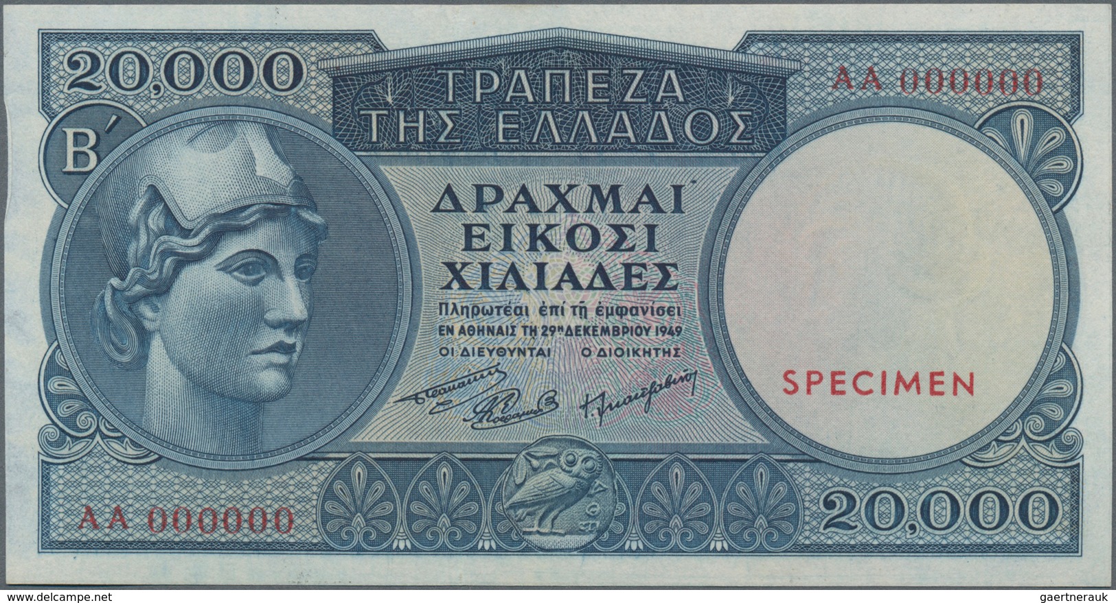 Greece / Griechenland: 20.000 Drachmai 1949 SPECIMEN, P.183s, Serial Number AA 000000 And Red Overpr - Grecia