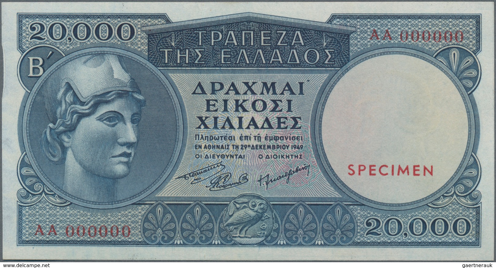 Greece / Griechenland: 20.000 Drachmai 1949 SPECIMEN, P.183s, Serial Number AA 000000 And Red Overpr - Griekenland