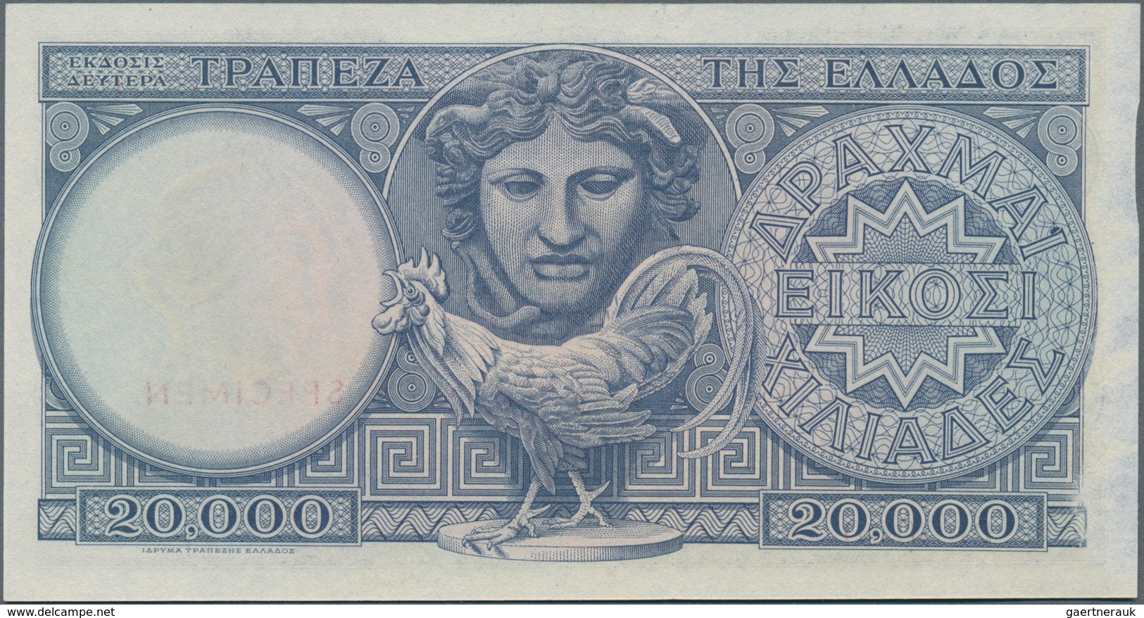 Greece / Griechenland: 20.000 Drachmai 1949 SPECIMEN, P.183s, Serial Number AA 000000 And Red Overpr - Griechenland