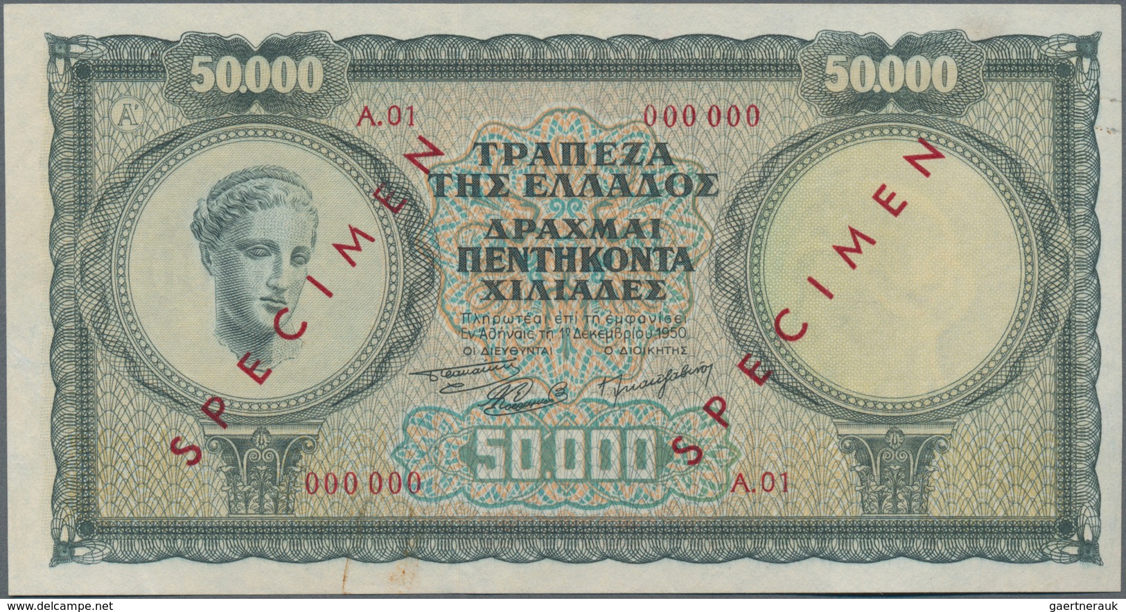 Greece / Griechenland: 50.000 Drachmai 1950 SPECIMEN, P.185s, Serial Number A.01 000000 And Red Over - Grecia