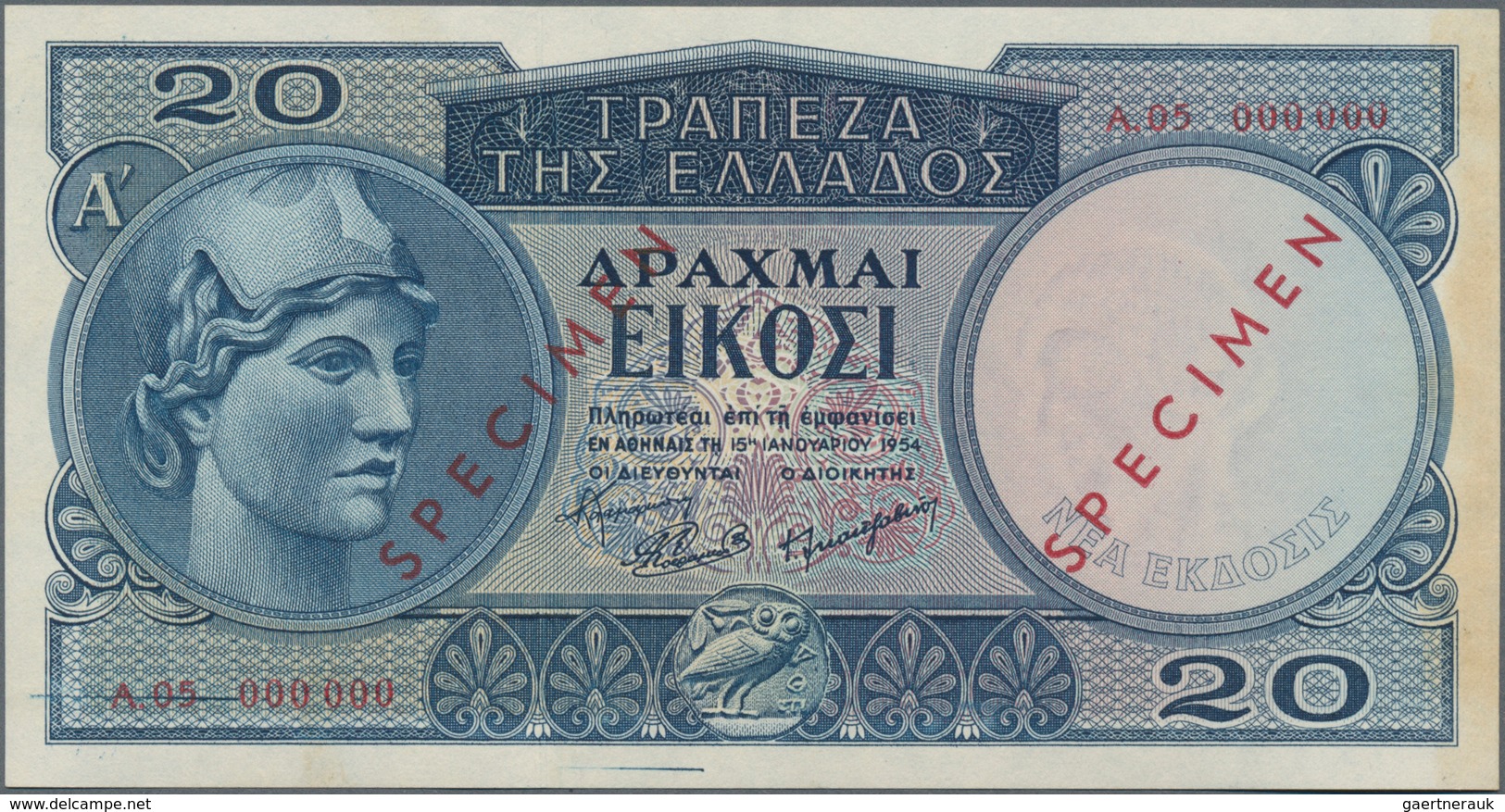 Greece / Griechenland: 20 Drachmai 1954 SPECIMEN, P.187s, Serial Number A.05 000000 And Red Overprin - Griekenland