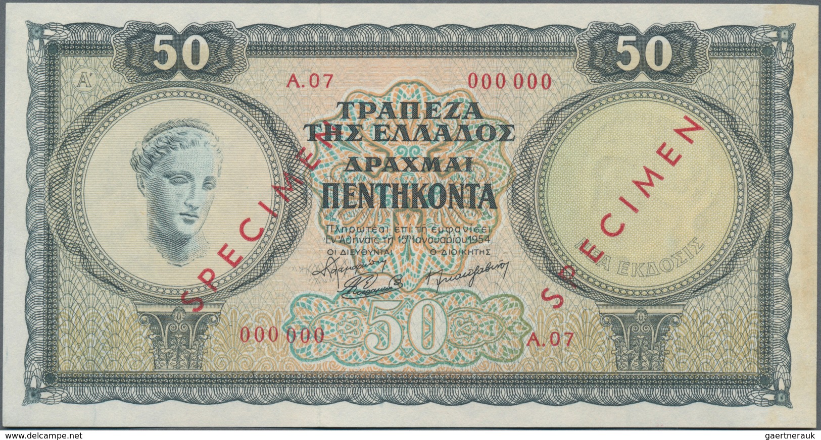 Greece / Griechenland: 50 Drachmai 1954 SPECIMEN, P.188s, Serial Number A.07 000000 And Red Overprin - Griekenland