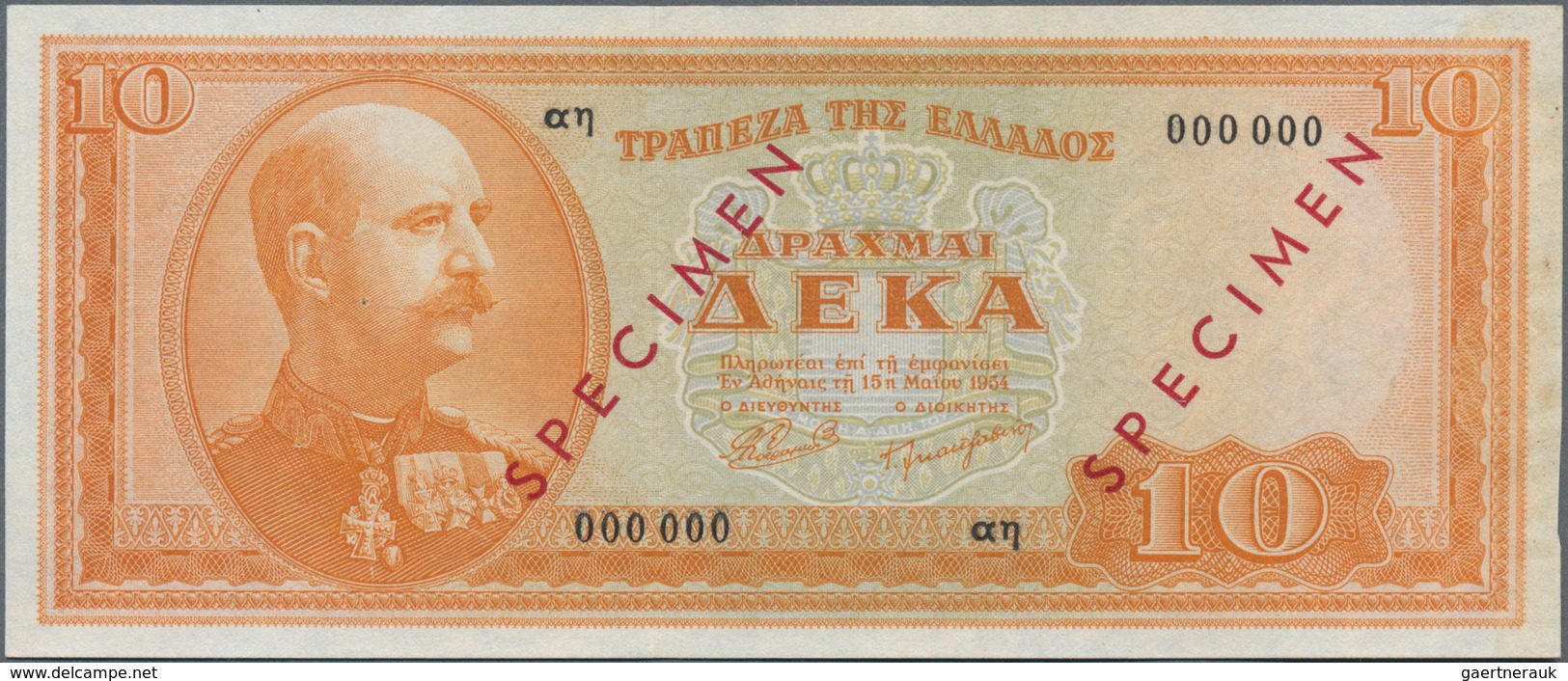 Greece / Griechenland: 10 Drachmai 1954 SPECIMEN, P.189as, Serial Number 000000 And Red Overprint "S - Grecia