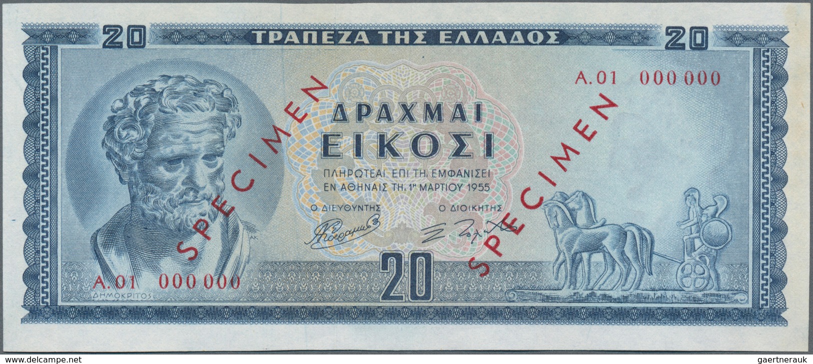 Greece / Griechenland: 20 Drachmai 1955 SPECIMEN, P.190as, Serial Number A.01 000000 And Red Overpri - Griekenland