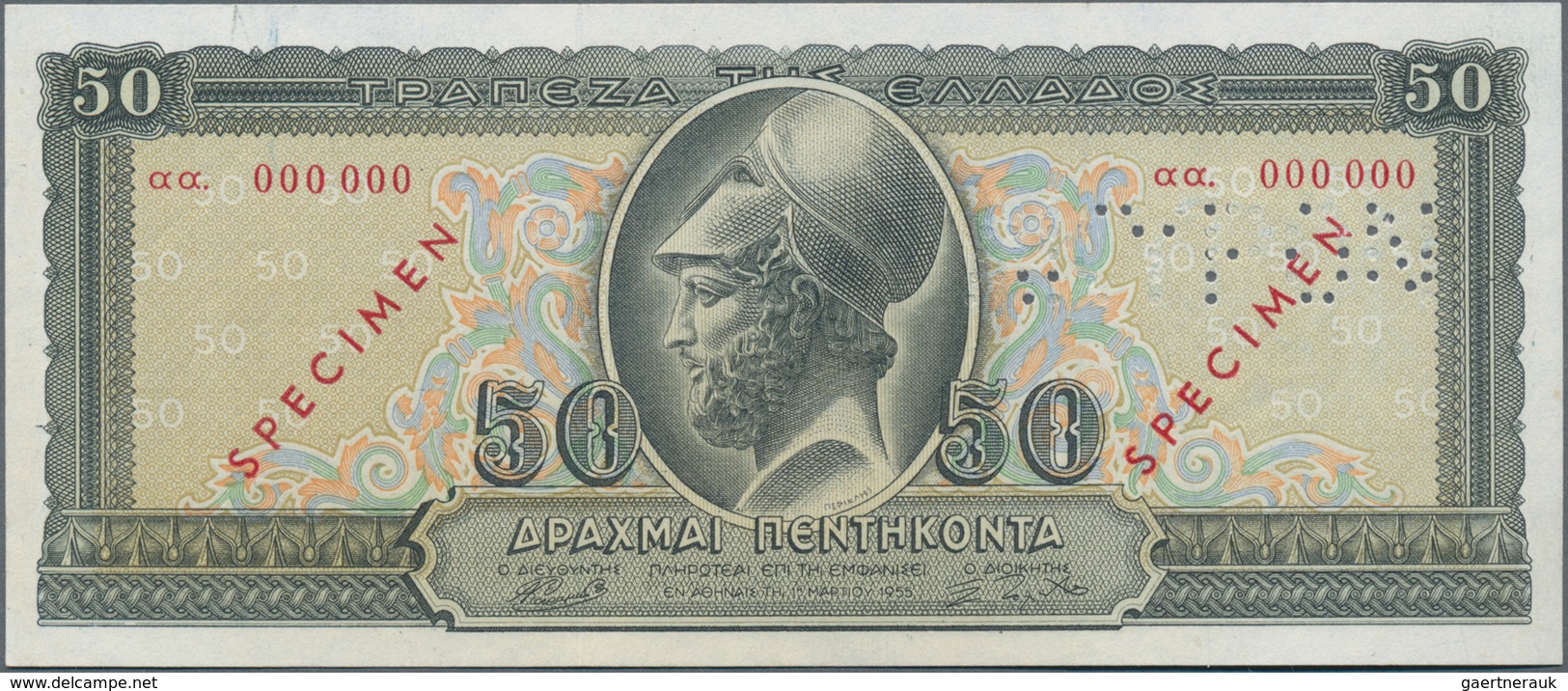 Greece / Griechenland: 50 Drachmai 1955 SPECIMEN, P.191s, Serial Number 000000 With Red Overprint "S - Griechenland