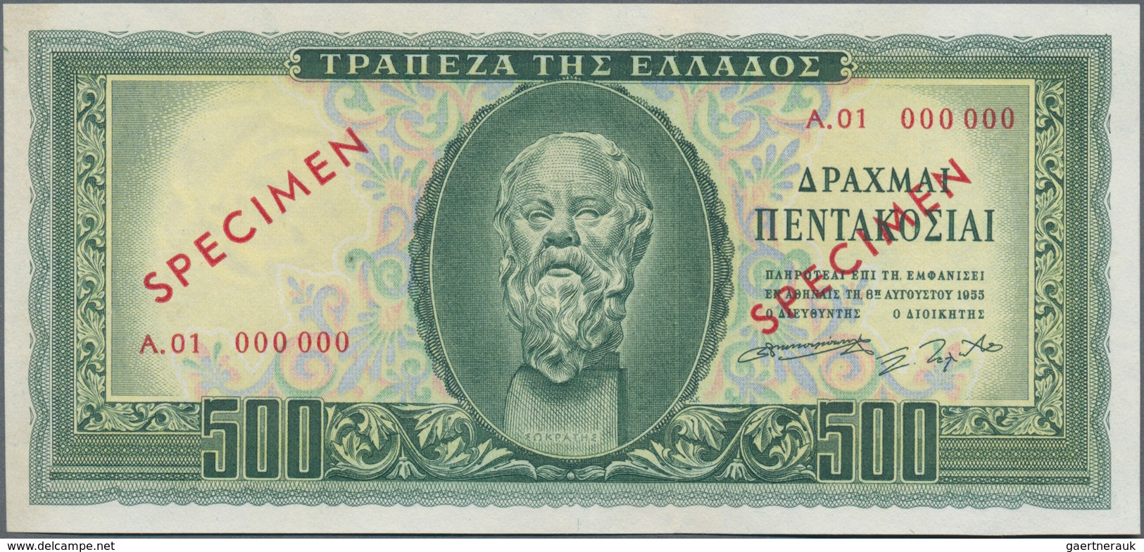 Greece / Griechenland: 500 Drachmai 1955 SPECIMEN, P.193s, Serial Number A.01 000000 With Red Overpr - Griechenland