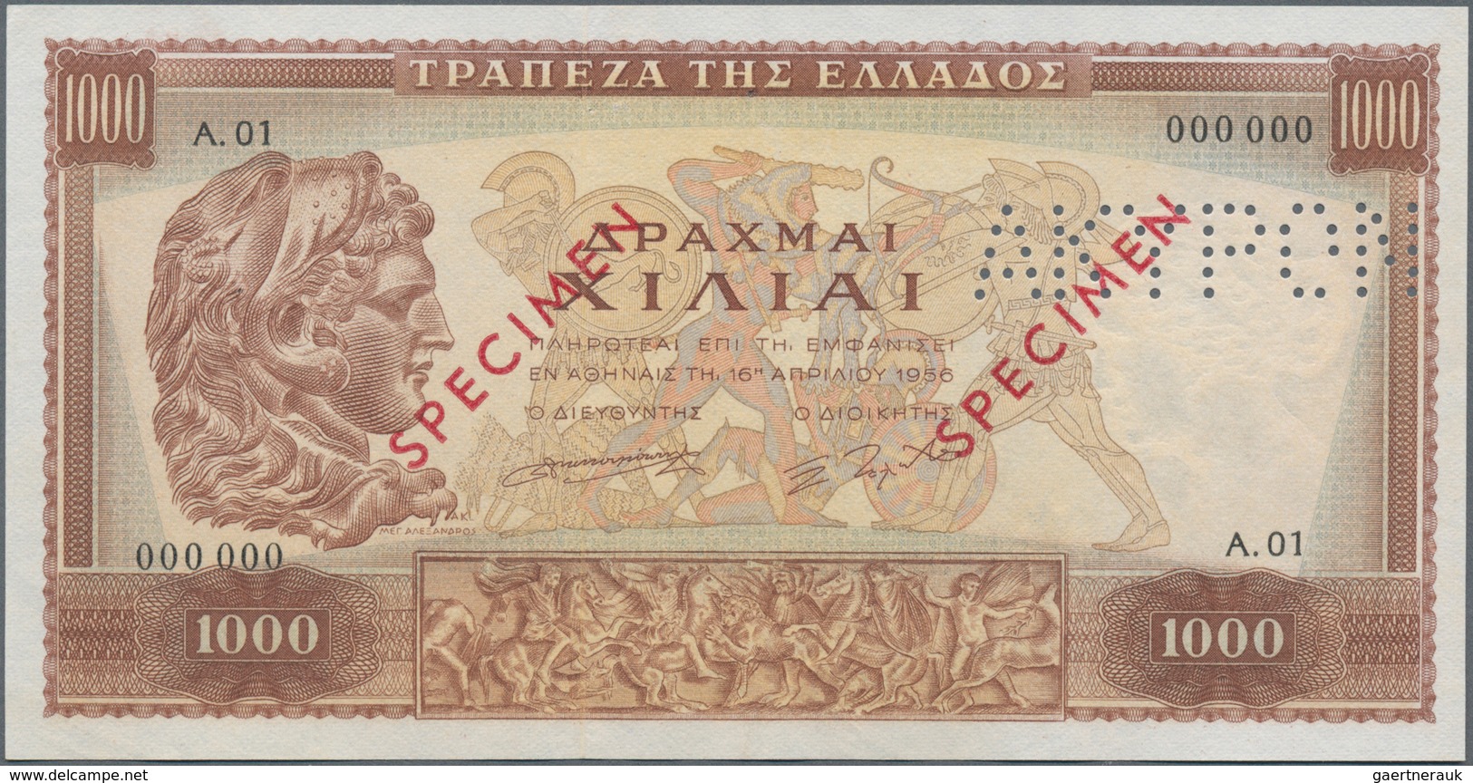 Greece / Griechenland: 1000 Drachmai 1956 SPECIMEN, P.194s, Serial Number A.01 000000 With Red Overp - Griekenland