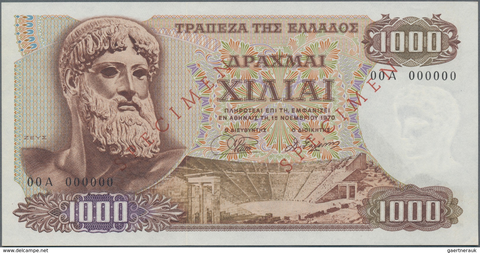 Greece / Griechenland: 1000 Drachmai 1970 SPECIMEN, P.198bs, Serial Number 00A 000000 And Red Overpr - Grecia