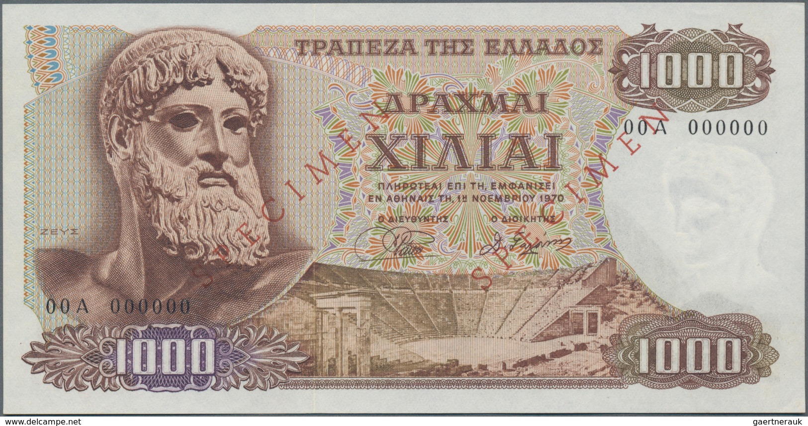 Greece / Griechenland: 1000 Drachmai 1970 SPECIMEN, P.198bs, Serial Number 00A 000000 And Red Overpr - Griekenland