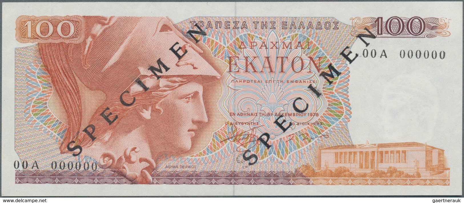 Greece / Griechenland: 100 Drachmai 1978 SPECIMEN, P.200bs, Serial Number 00A 000000 And Black Overp - Griechenland