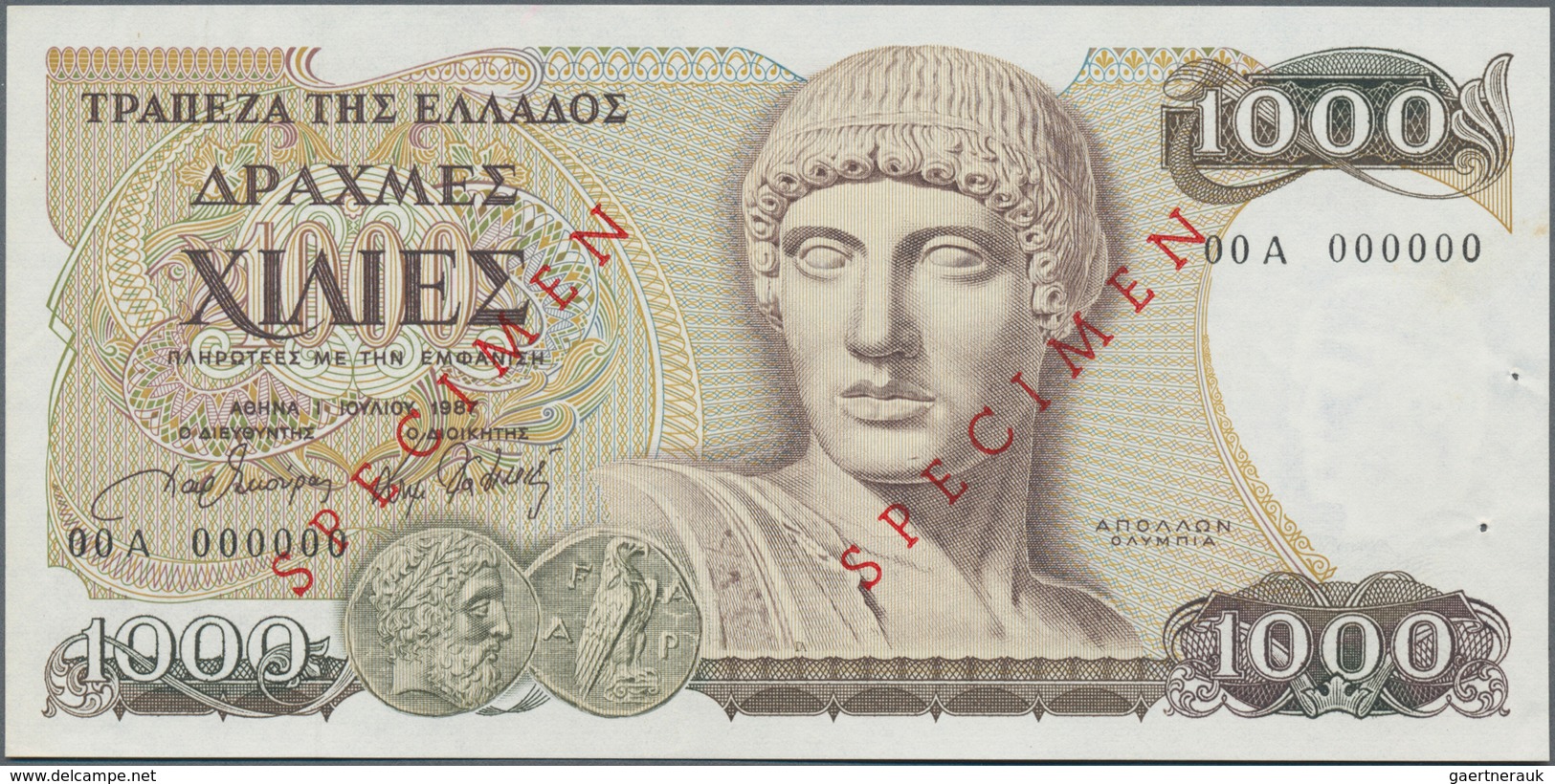 Greece / Griechenland: 1000 Drachmai 1987 SPECIMEN, P.202s, Serial Number 00A 000000 And Red Overpri - Griechenland