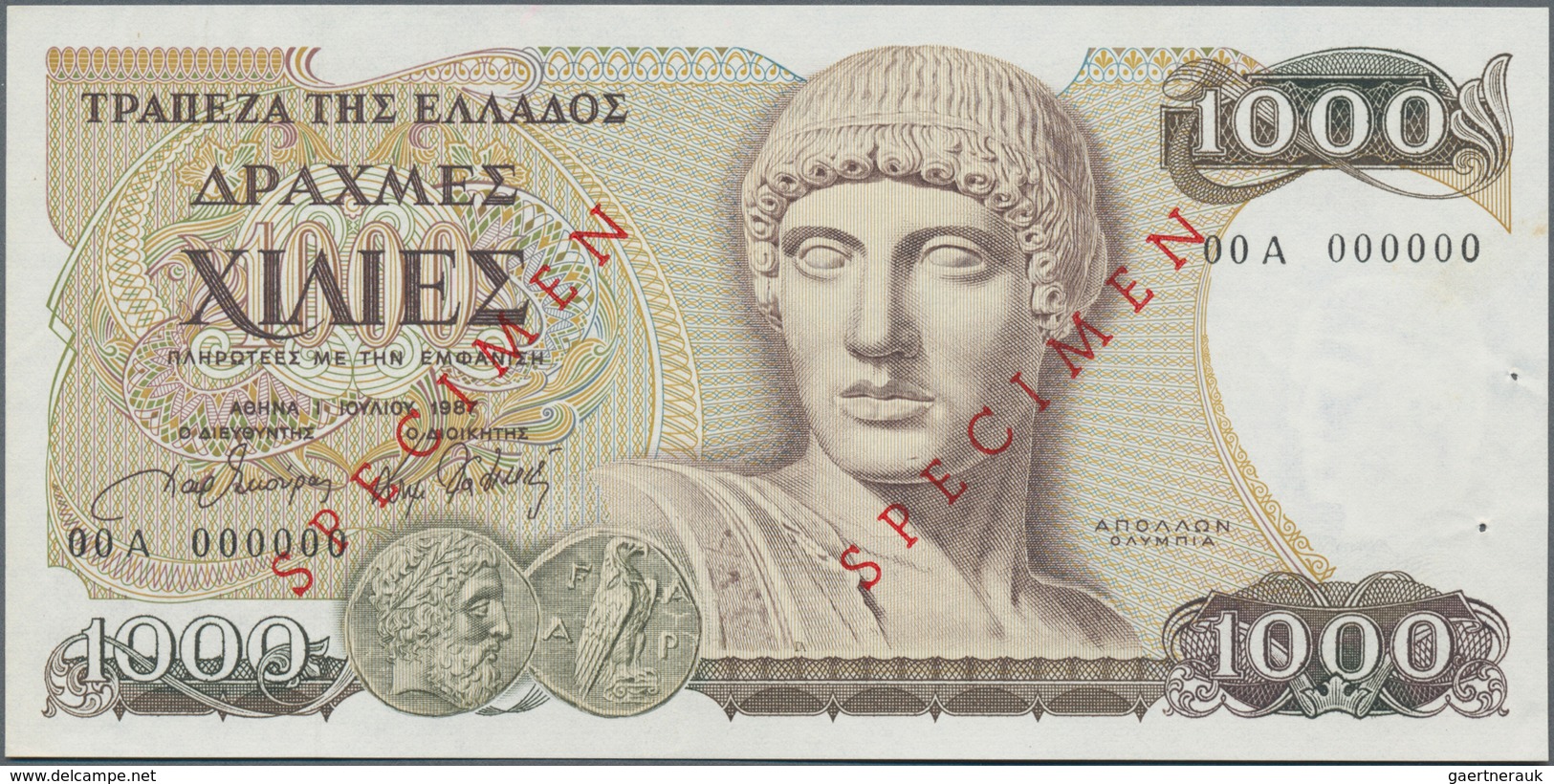 Greece / Griechenland: 1000 Drachmai 1987 SPECIMEN, P.202s, Serial Number 00A 000000 And Red Overpri - Griekenland