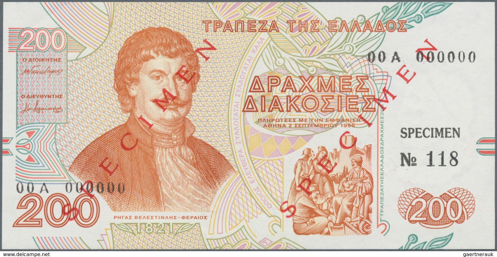 Greece / Griechenland: 200 Drachmai 1996 SPECIMEN, P.204s With Serial Number 00A 000000, Specimen Nu - Griekenland