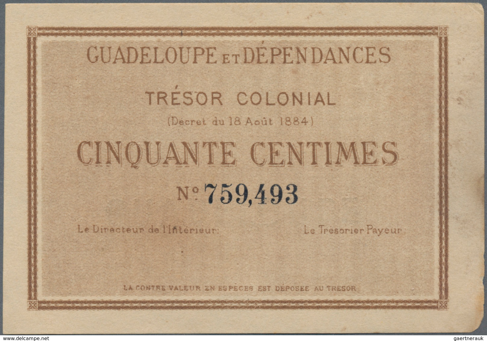 Guadeloupe:  Guadeloupe Et Dependances - Trésor Colonial 50 Centimes 1884 Remainder, P.1r, Extraordi - Otros – América