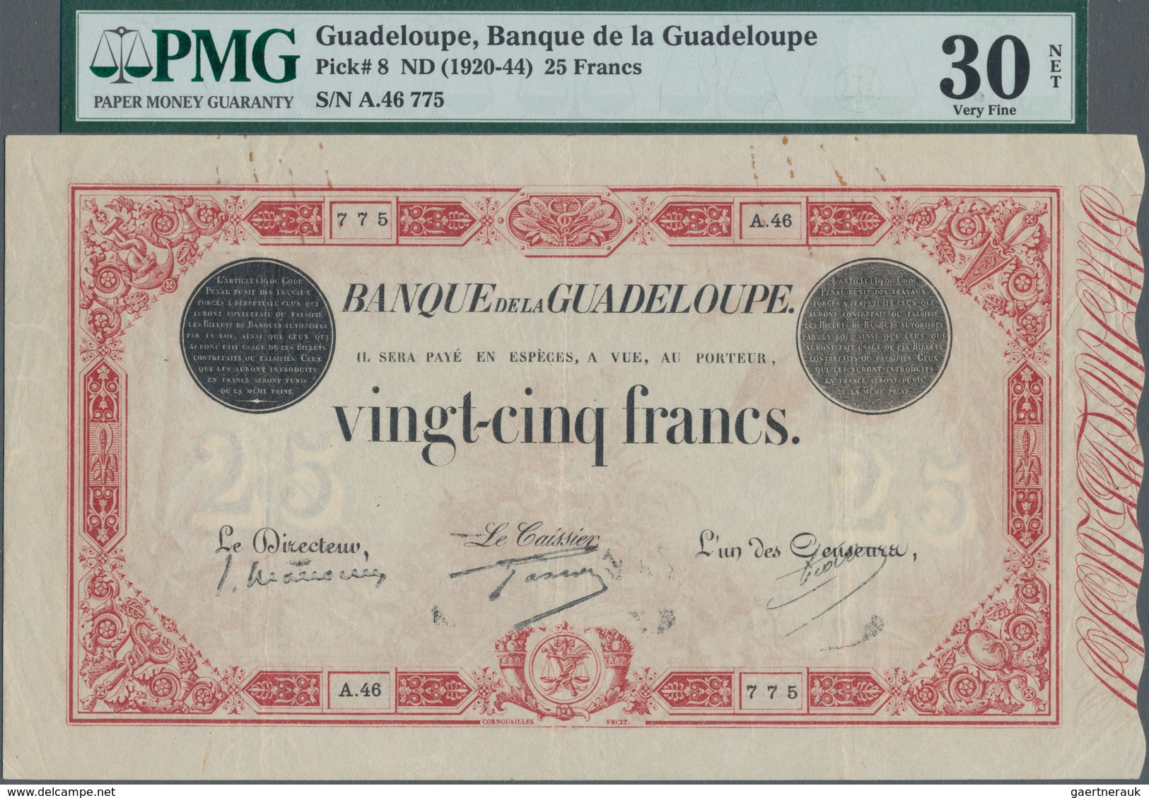 Guadeloupe: Banque De La Guadeloupe 25 Francs ND(1920-44), P.8, Great Original Shape With A Few Rust - Sonstige – Amerika