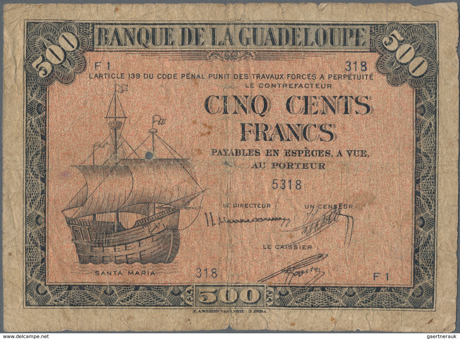 Guadeloupe:  Banque De La Guadeloupe 500 Francs ND(1942) With Signature: "Directeur" Marconnet, P.24 - Andere - Amerika