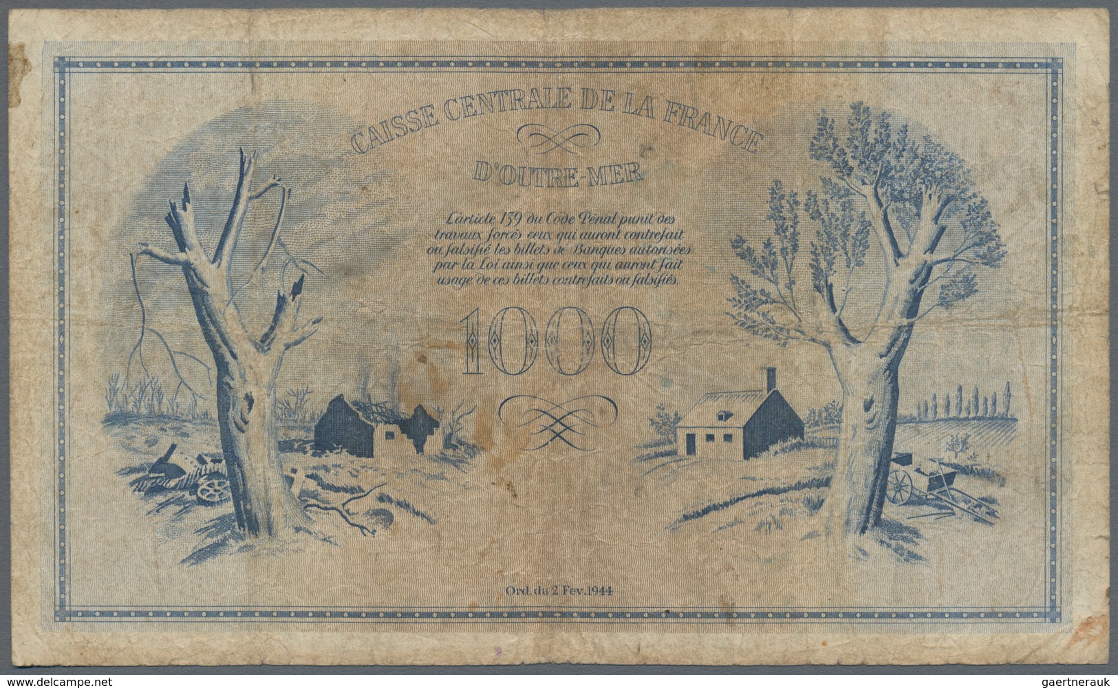 Guadeloupe: Caisse Centrale De La France D'Outre-Mer 1000 Francs 1944 With Watermark, P.30b, Extraor - Otros – América