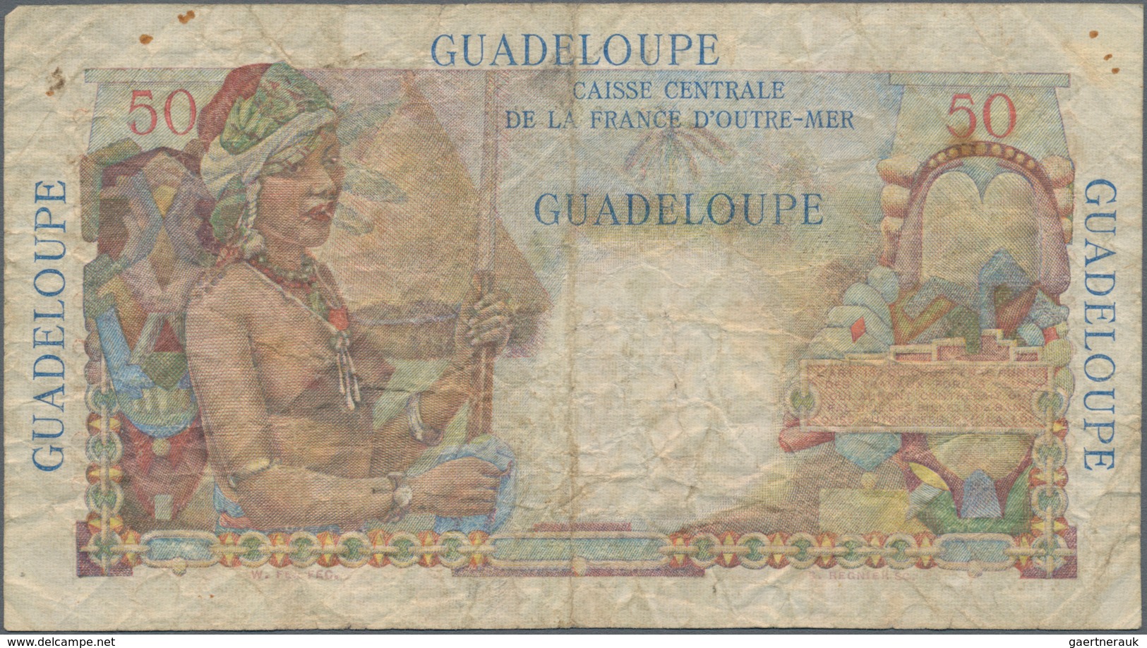 Guadeloupe: Caisse Centrale De La France D'Outre-Mer 50 Francs ND(1947-49), P.34, Rusty Spots And Ti - Otros – América