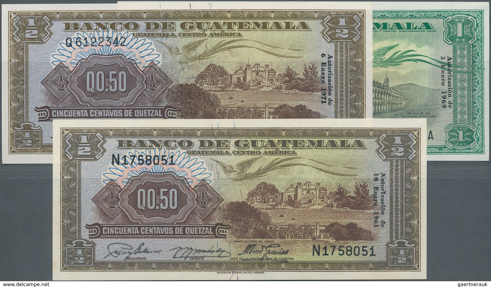 Guatemala: Set With 3 Banknotes Including 1/2 Quetzal 1961 P.41c In UNC, 1/2 Quetzal 1971 P.51h In U - Guatemala