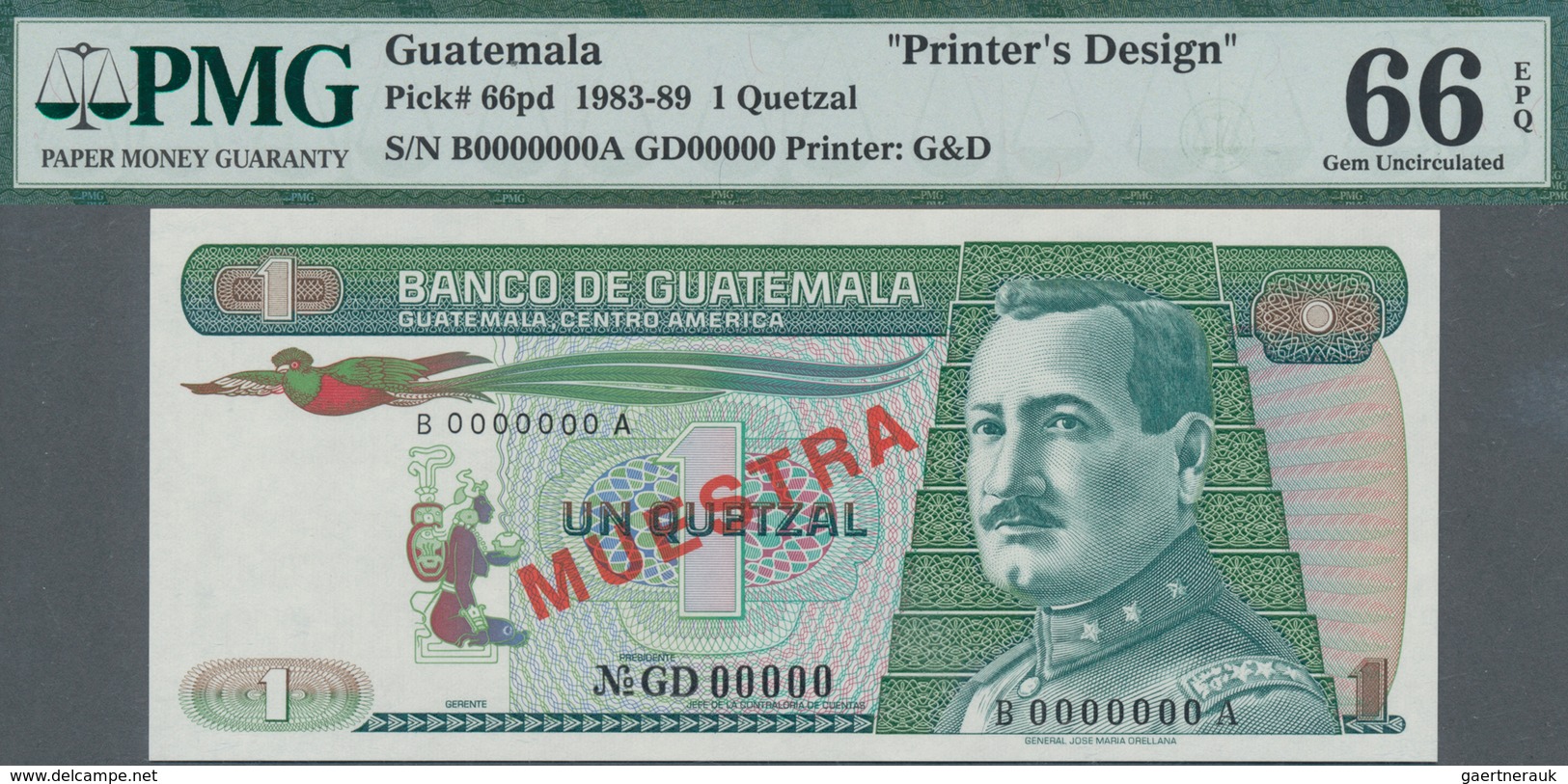 Guatemala: Printer's Design For 1 Quetzal 1983-89 Front And Back, P.66pd, Each One With Empty Revers - Guatemala