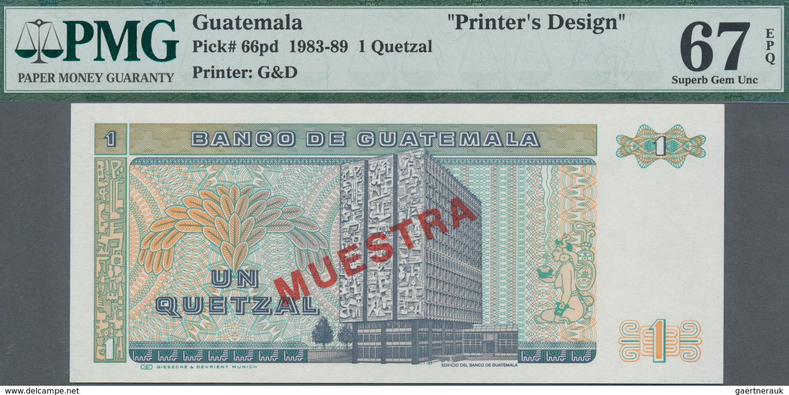 Guatemala: Printer's Design For 1 Quetzal 1983-89 Front And Back, P.66pd, Each One With Empty Revers - Guatemala