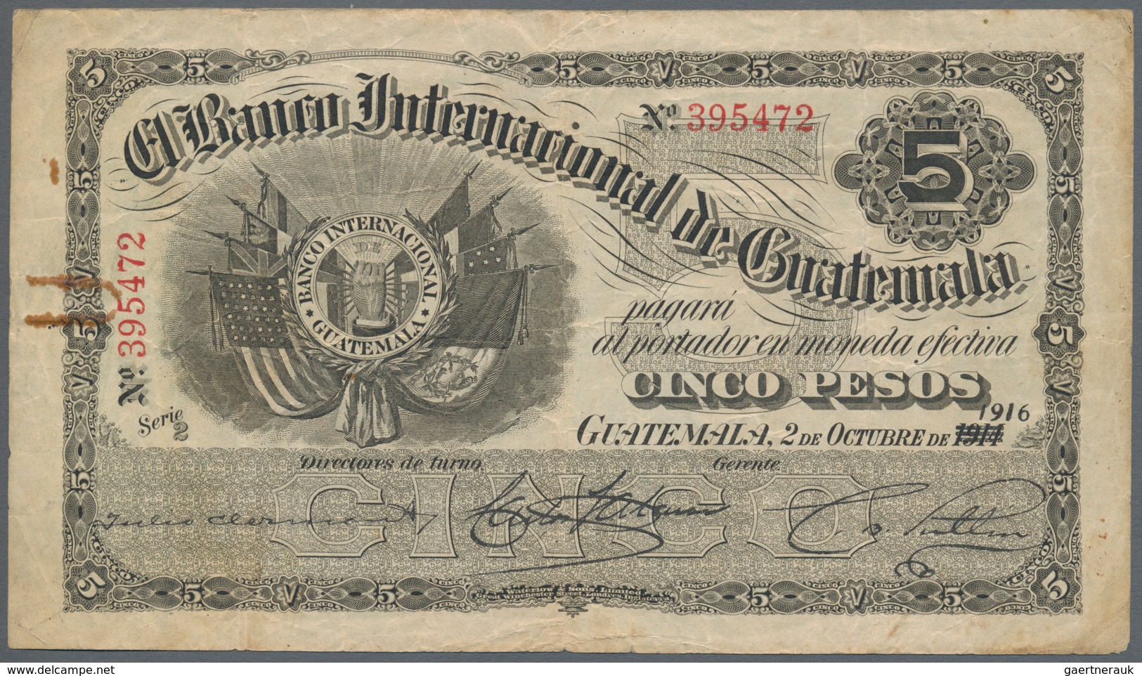 Guatemala: El Banco Internacional De Guatemala 5 Pesos 1916, P.S155b, Almost Well Worn Condition Wit - Guatemala