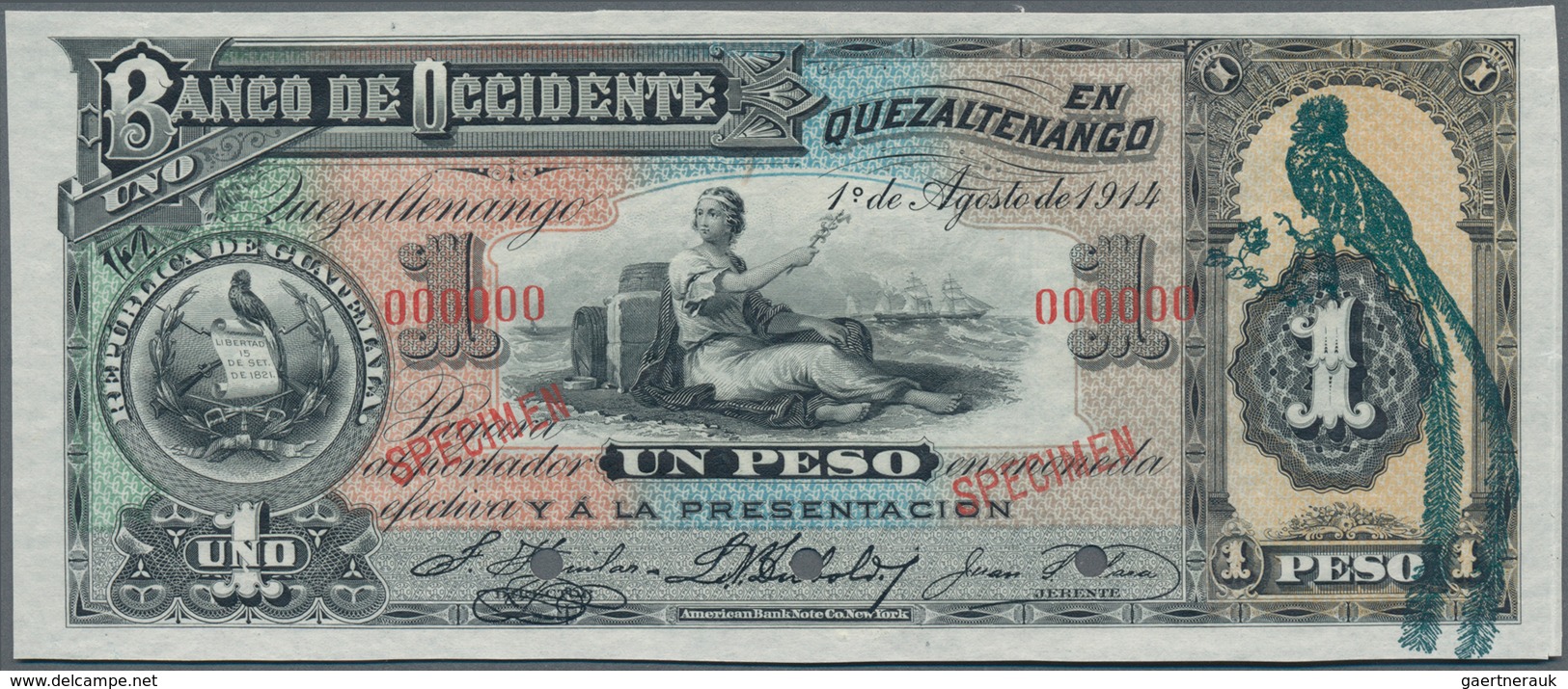 Guatemala: Banco De Occidente 1 Peso 1914 SPECIMEN, P.S173cs With Zero Serial Number, Punch Hole Can - Guatemala