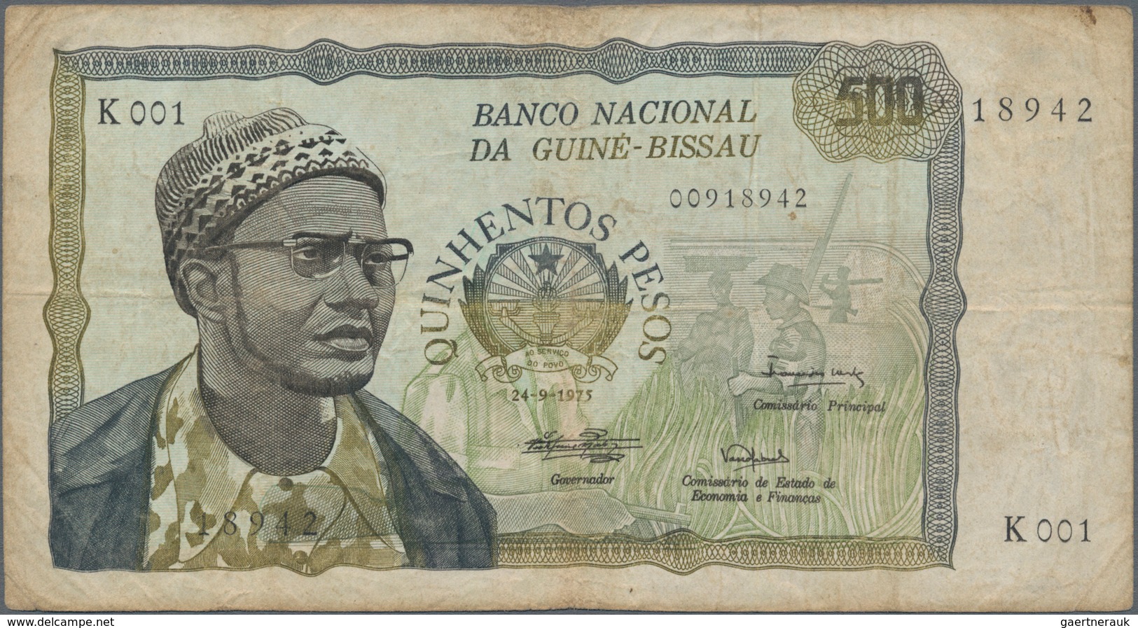 Guinea Bissau: Banco Nacional Da Guiné-Bissau 500 Pesos 1975, P.3, Toned Paper With Several Folds An - Guinea–Bissau