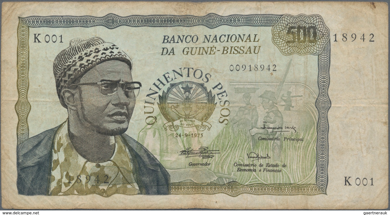 Guinea Bissau: Banco Nacional Da Guiné-Bissau 500 Pesos 1975, P.3, Toned Paper With Several Folds An - Guinee-Bissau