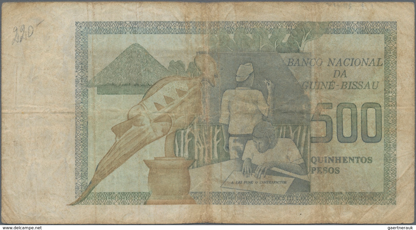 Guinea Bissau: Banco Nacional Da Guiné-Bissau 500 Pesos 1975, P.3, Toned Paper With Several Folds An - Guinee-Bissau