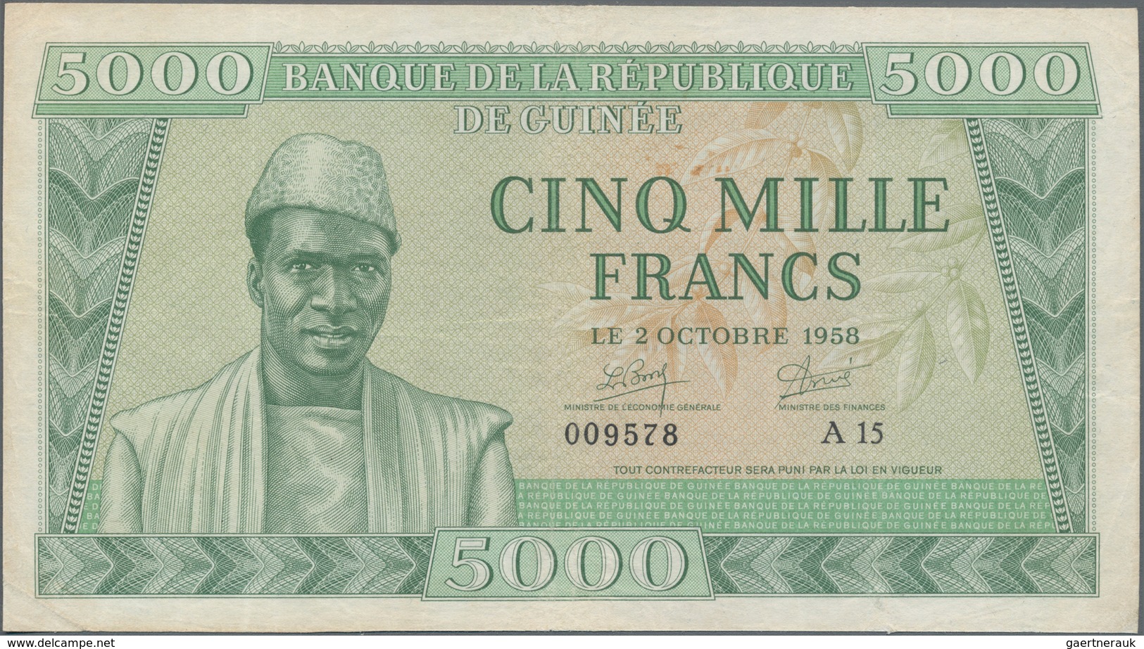 Guinea: Banque De La République De Guinée 5000 Francs 1958, P.10, Still Nice For This Large Size Not - Guinea