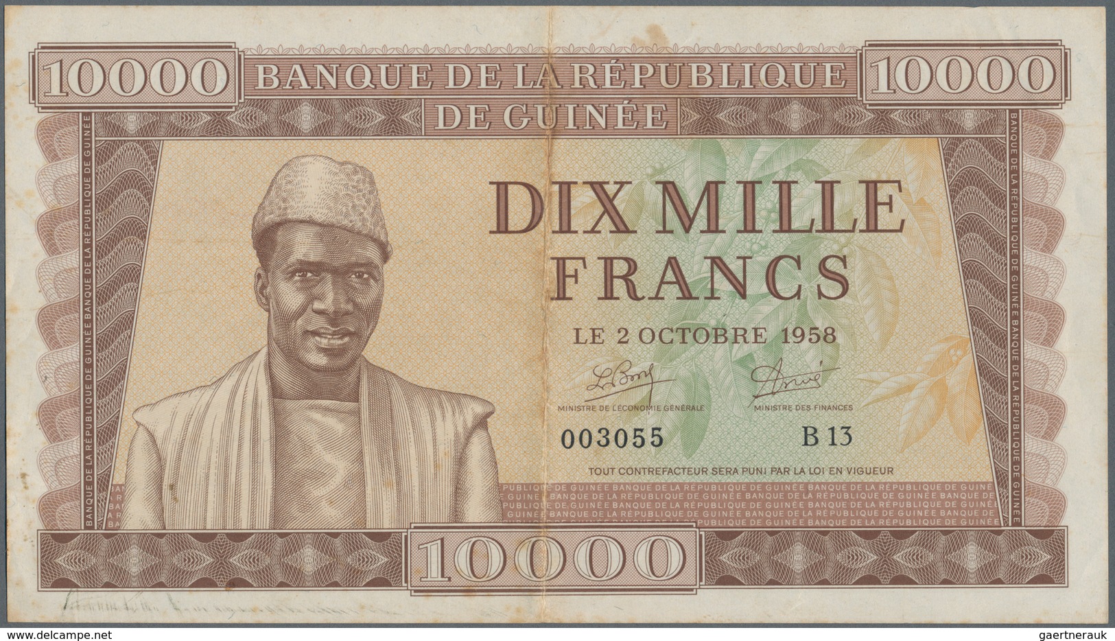Guinea: Banque De La République De Guinée 10.000 Francs 1958, P.11, Highest Denomination Of This Ser - Guinea