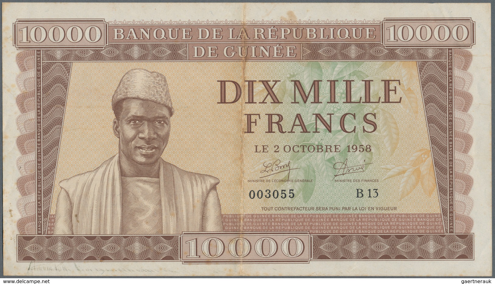 Guinea: Banque De La République De Guinée 10.000 Francs 1958, P.11, Highest Denomination Of This Ser - Guinee