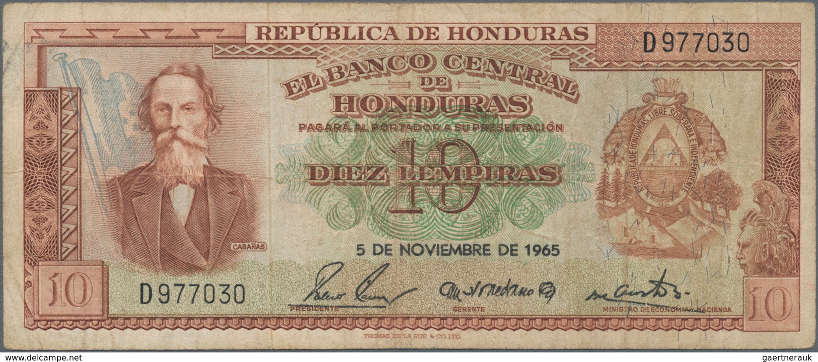 Honduras: El Banco Central De Honduras 10 Lempiras 1965, P.52b, Still Nice With A Few Folds, Tiny Pi - Honduras