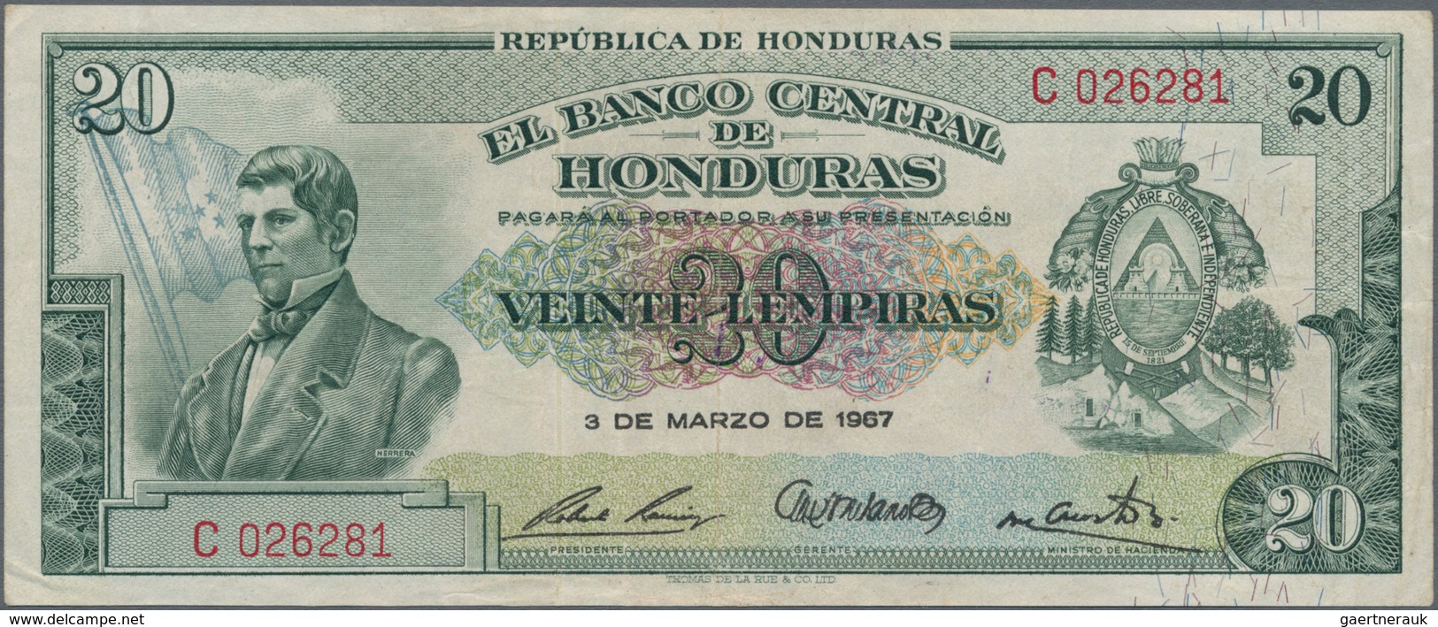 Honduras: El Banco Central De Honduras 20 Lempiras 1967, P.53c, Very Nice Condition With Strong Pape - Honduras