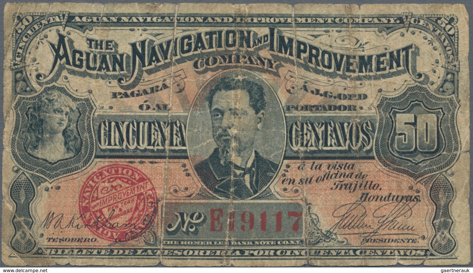 Honduras: Aguan Navigation And Improvement Company 50 Centavos 1886, P.S101, Almost Well Worn Condit - Honduras